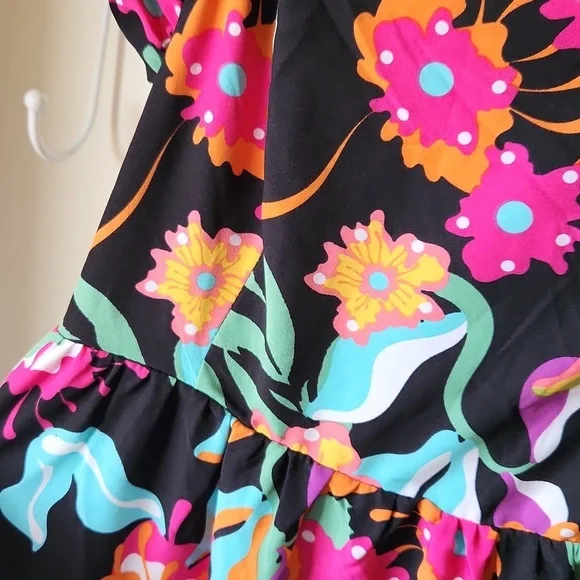 Tropical Floral Pink and Orange Sleeveless Sundress‎ Midi Ruffled sz L - Picture 7 of 13